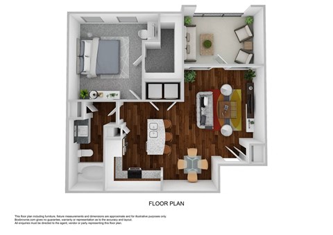 Floor plan for 1 bed, 1 bath, 688 sqft